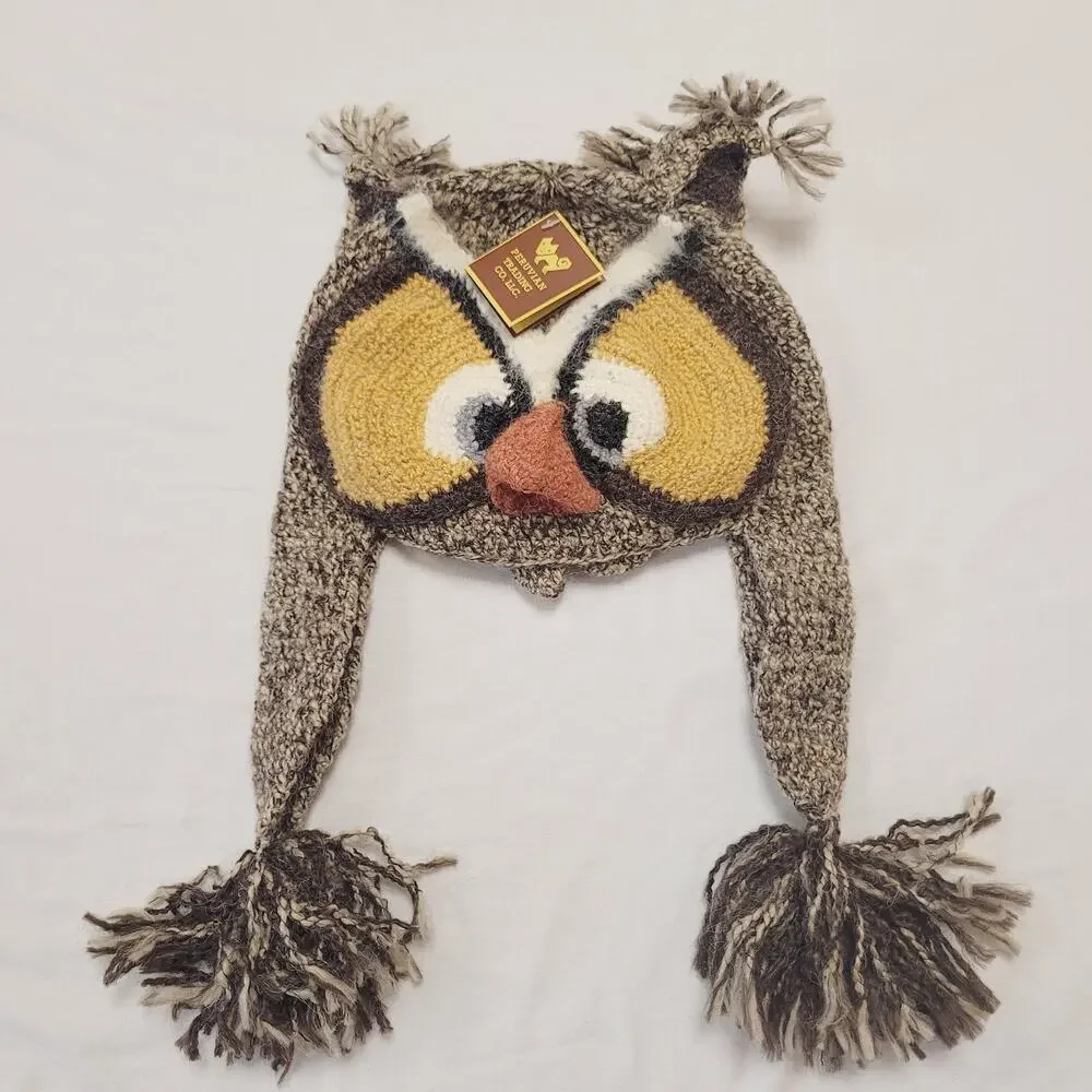 Peruvian Trading Company Hat Knit Owl Ear Flap Pom Pom Handmade Peru Cozy New - Picture 1 of 12